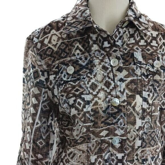 Ruby Rd. Blouse Geometric Linen Blend Semi Sheer Button Down Size 8 Petite - Picture 2 of 6
